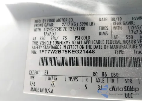 2019 Ford F-250 Xl из США, поврежденный, VIN 1FT7W2BT5KEG21448